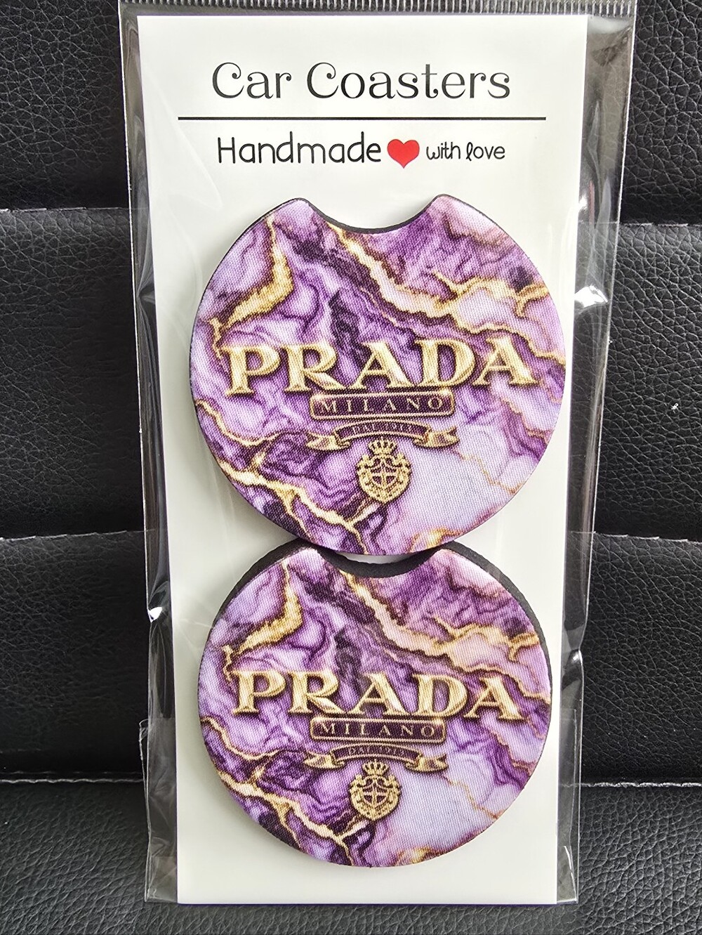 Purple Marble Car Coasters with Gold Logo - Set of 2